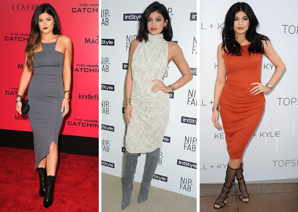 Kylie Jenner wears the same outfits: midi bodycon dress and boots