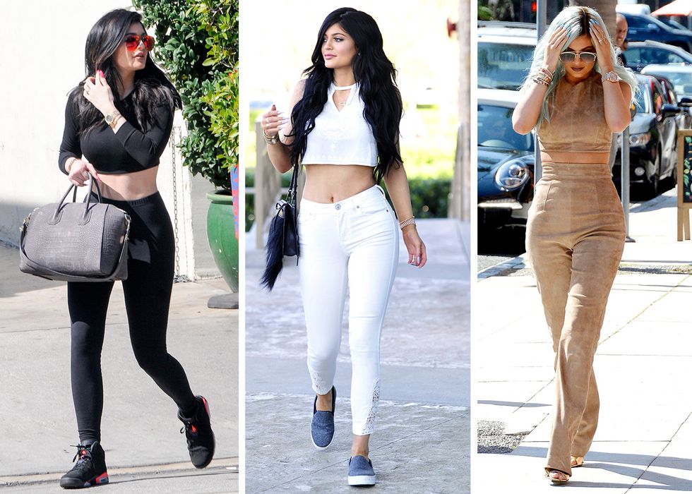 Kylie Jenner wearing crop tops and matching trousers