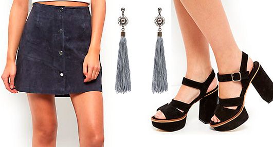 New Look Premium suede skirt, earrings, platforms