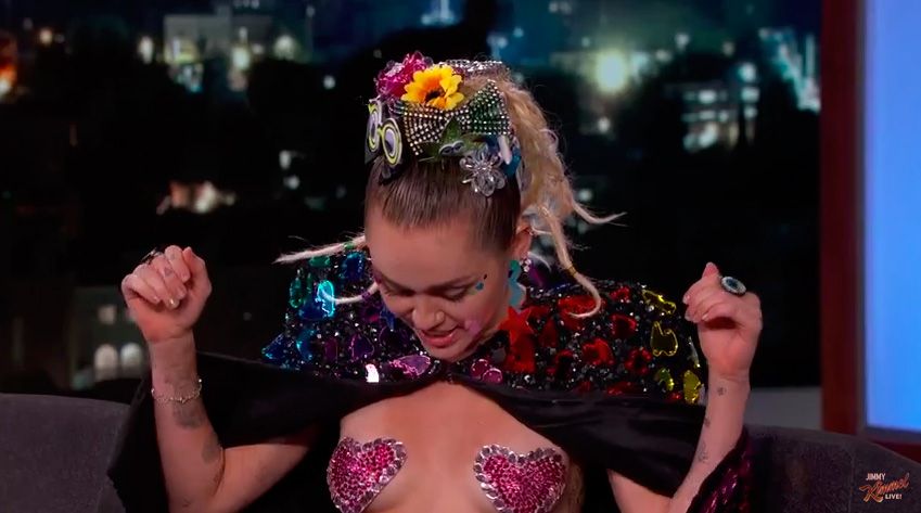 Miley Cyrus wearing heart nipple stickers on Jimmy Kimmel Live