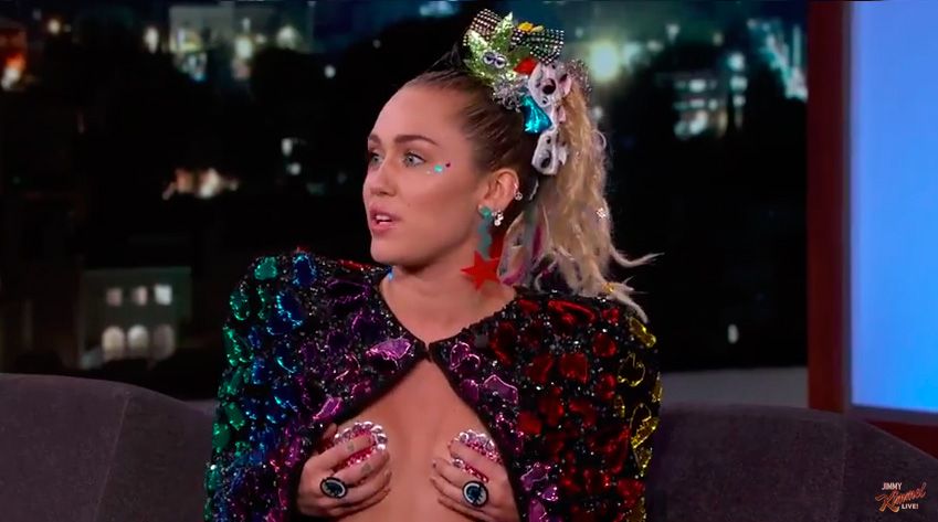 Miley Cyrus on Jimmy Kimmel Live in nipple stickers
