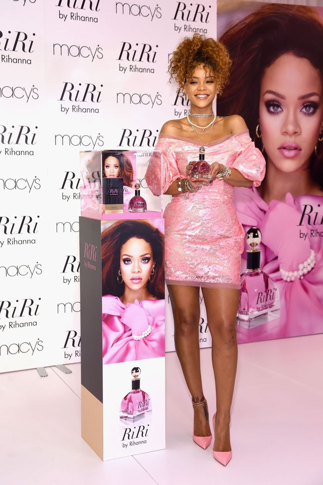 Rihanna wearing a pink dress at her perfume launch