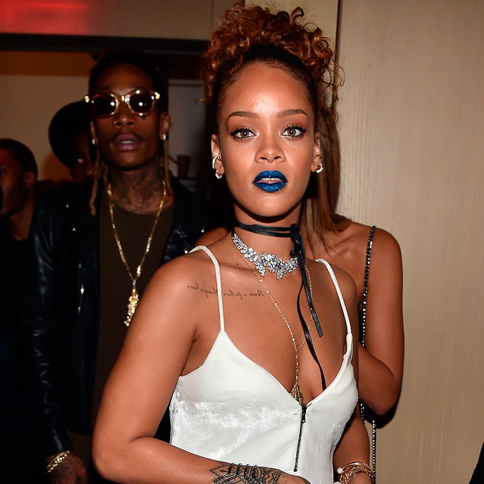 Rihanna wears blue lipstick at New York Fashion Week