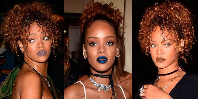 Rihanna wears blue and grey lipsticks at New York Fashion Week