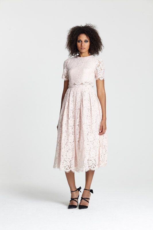 <a target="_blank" href="http://www.asos.com/asos/asos-lace-crop-top-midi-prom-dress/prod/pgeproduct.aspx?iid=5269815&amp;clr=Nude&amp;SearchQuery=pink+lace+dress&amp;pgesize=36&amp;pge=0&amp;totalstyles=154&amp;gridsize=3&amp;gridrow=2&amp;gridcolumn=1">Dress</a> and <a target="_blank" href="http://www.asos.com/asos/asos-pledge-pointed-high-heels/prod/pgeproduct.aspx?iid=5350919&amp;clr=Floral&amp;SearchQuery=floral+heel&amp;pgesize=13&amp;pge=0&amp;totalstyles=13&amp;gridsize=3&amp;gridrow=1&amp;gridcolumn=1">heels</a>, both ASOS