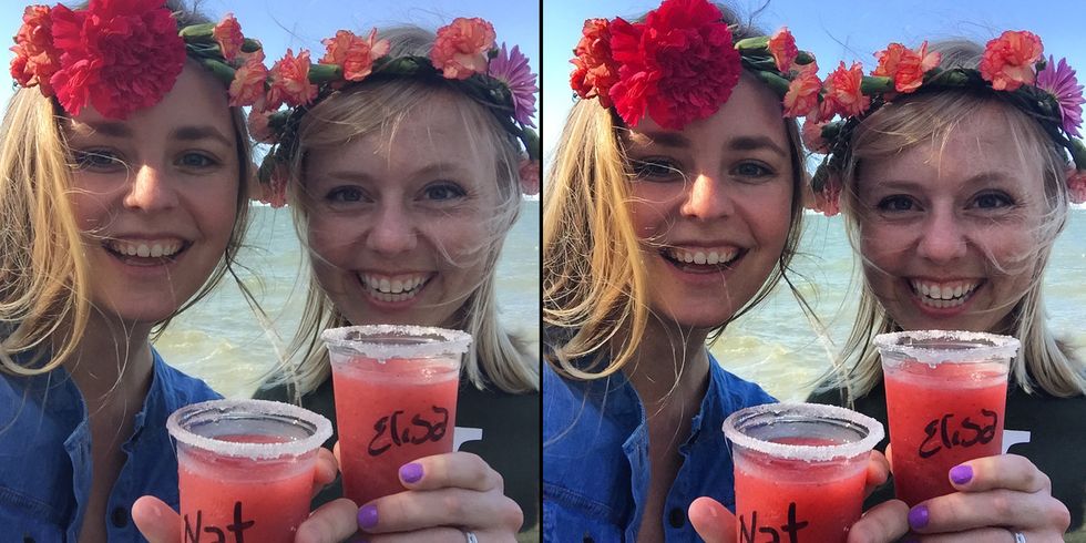 Mouth, Smile, Lip, Drink, Happy, Juice, Tableware, Facial expression, Sea breeze, Hair accessory, 