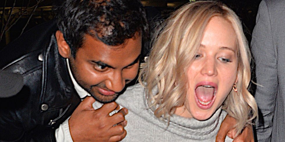 Jennifer Lawrence celebrates with Amy Schumer and Aziz Ansari after SNL