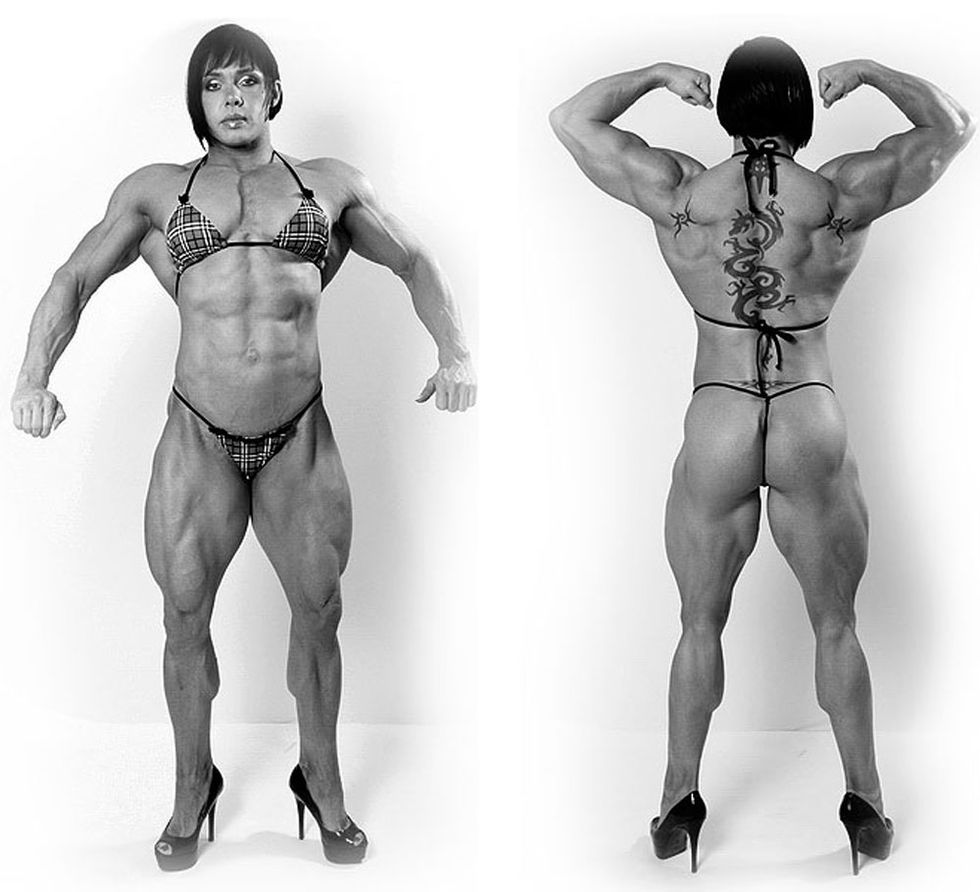 Beautiful female bodybuilder, massive muscles, wide hips, huge