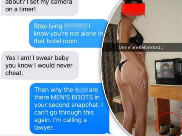 Wife caught cheating after husband spots mans boots in her Snapchats image