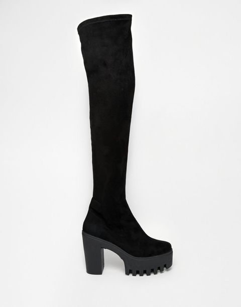 Boot, Costume accessory, Black, Grey, Knee-high boot, Foot, Leather, Synthetic rubber, Sock, Riding boot, 