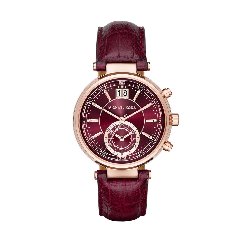 Product, Analog watch, Brown, Watch, Glass, Red, Magenta, Pink, Watch accessory, Fashion accessory, 