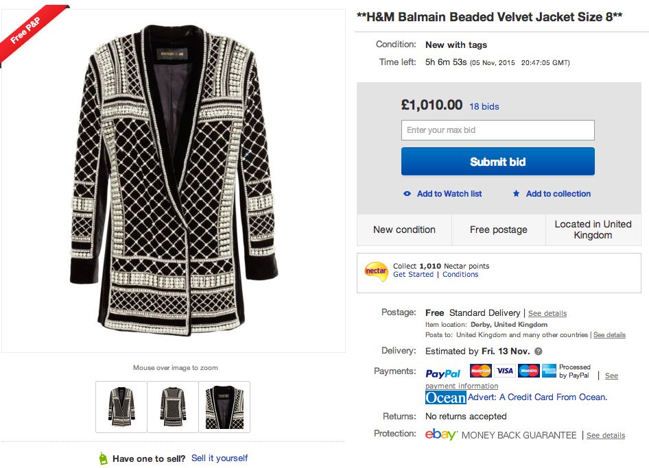 Balmain x H&M jacket on eBay