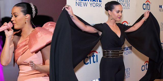 Katy perry wears a huge cape and bow for benefit performance