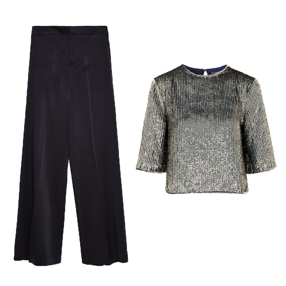 Kristen Stewart get the look: wide leg trousers and a glittery top