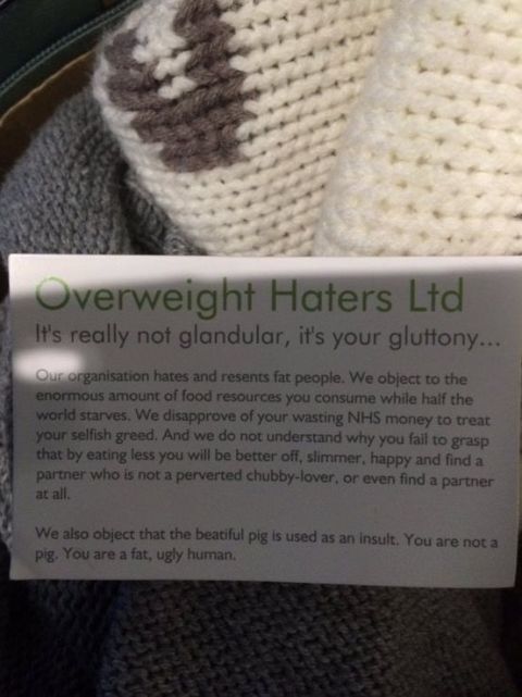 Malicious fat-shaming group 'Overweight Haters Ltd.' have been handing out cards telling women they're fat
