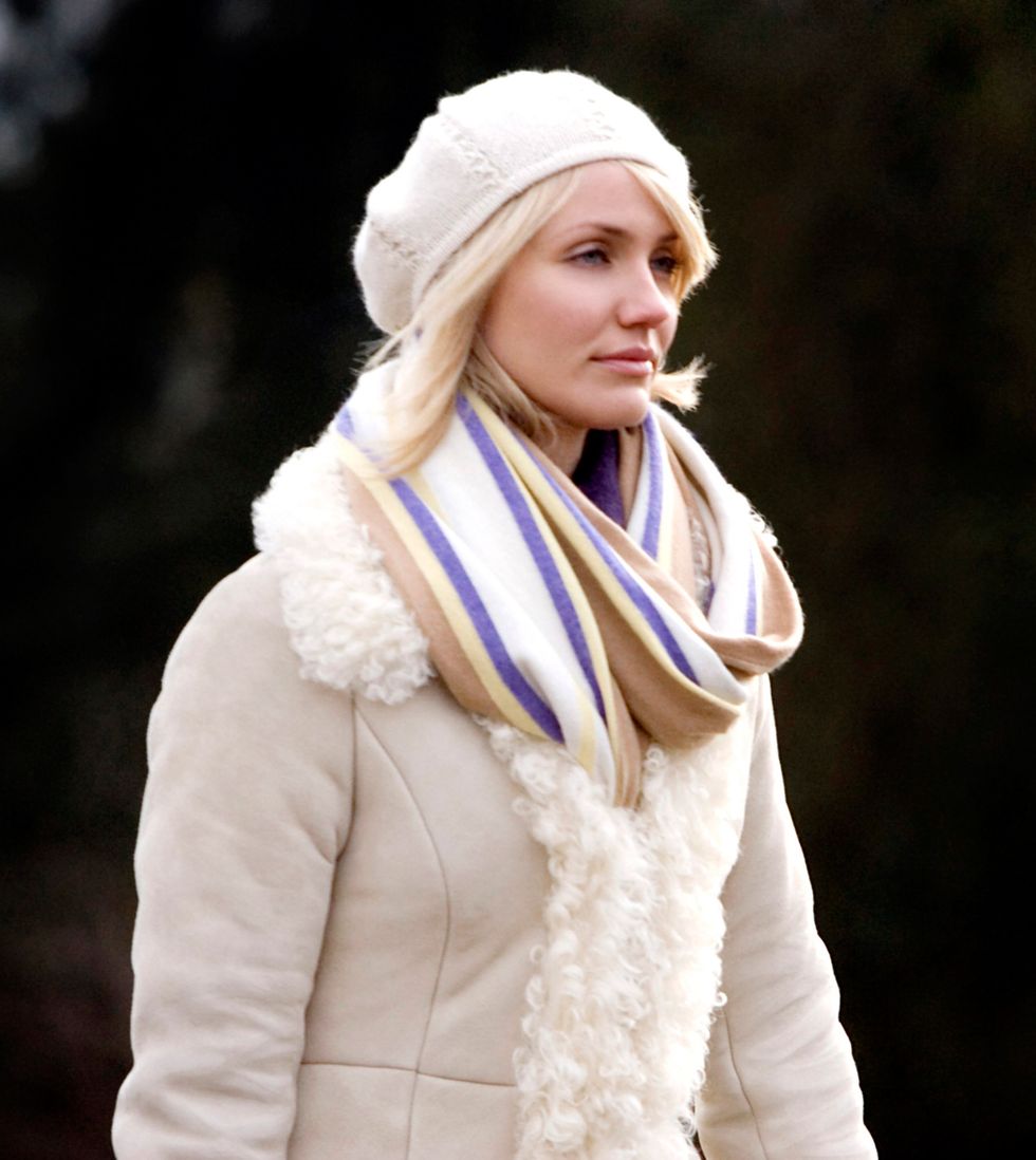 Cameron Diaz in The Holiday wearing a cream coat