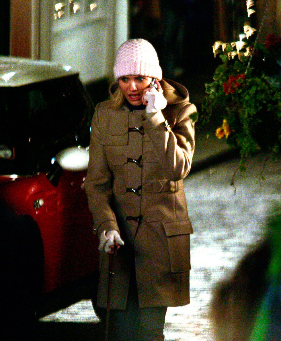 Cameron Diaz in The Holiday wearing a hat and coat