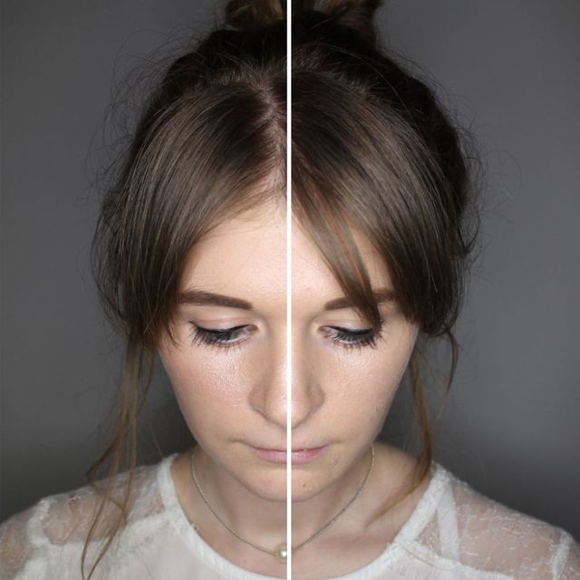 Benefit High Beam (on Emily's left side of face) vs W7 Night Glow (on Emily's right side of face)