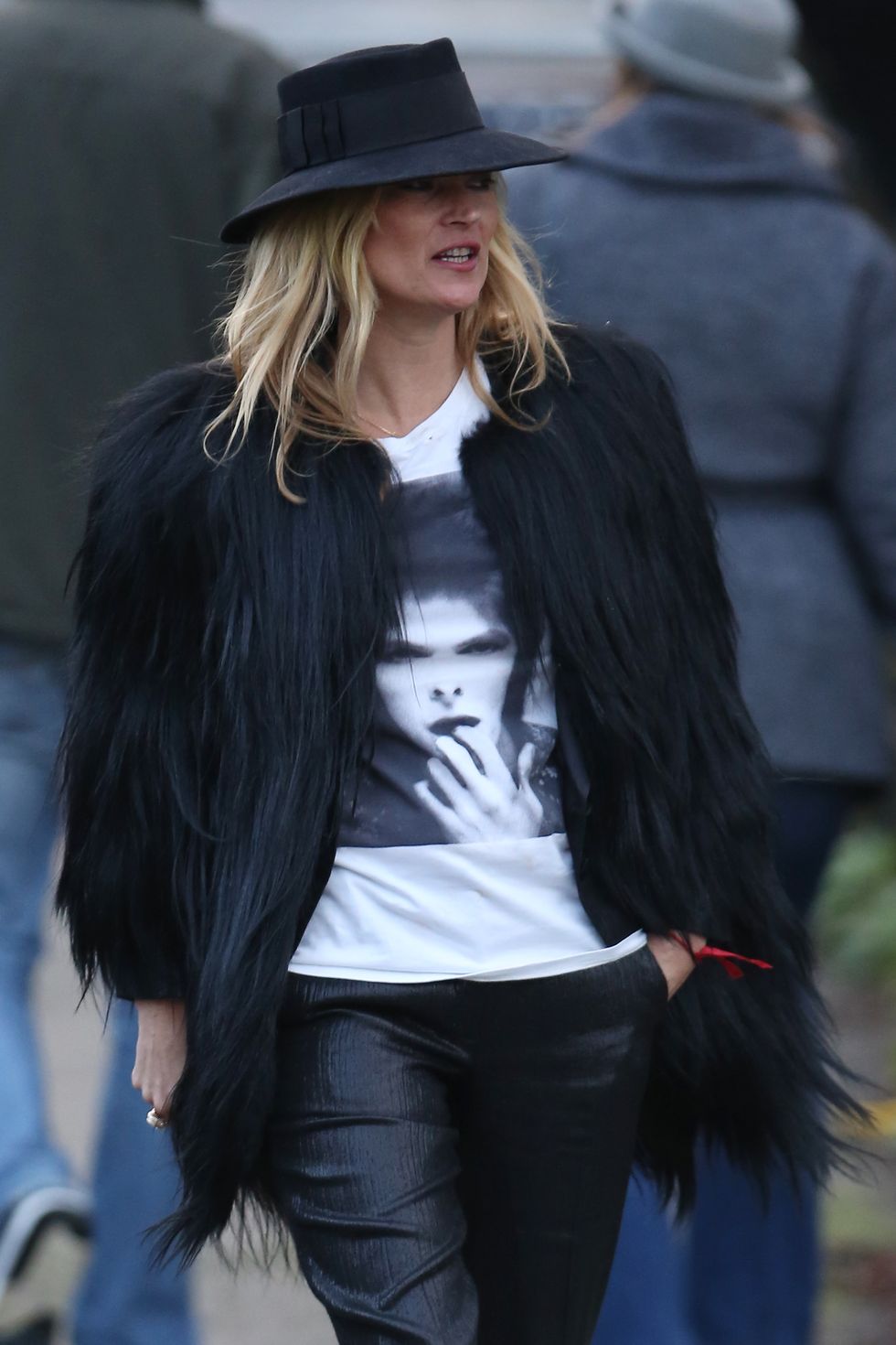 Kate Moss out and about wearing a David Bowie T-shirt