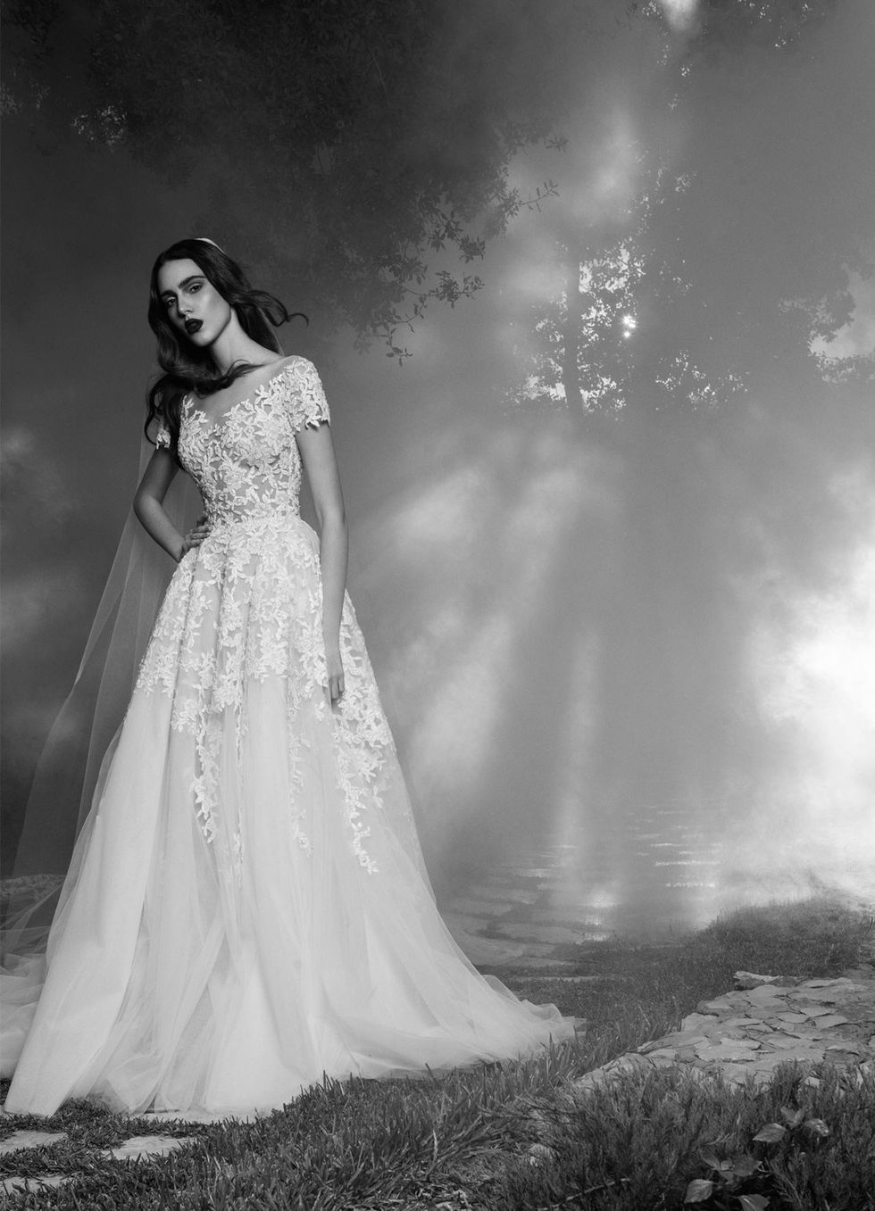 Clothing, Dress, Photograph, Formal wear, Gown, Bridal clothing, Wedding dress, Beauty, Bride, Monochrome photography, 