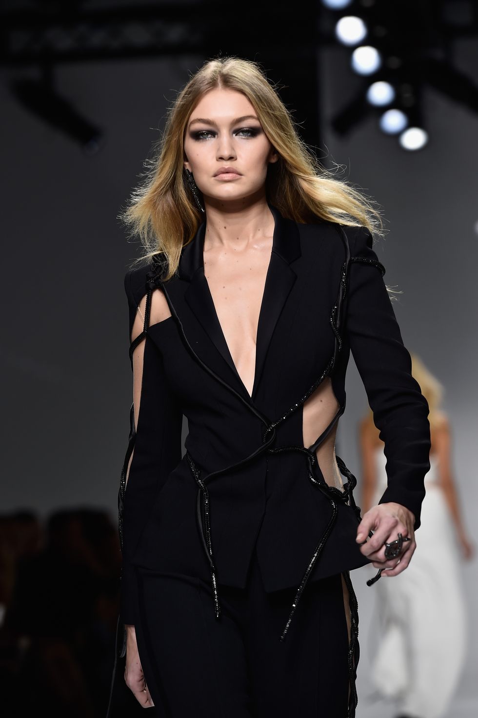 Gigi Hadid walking in the Versace Paris Fashion Week haute couture show
