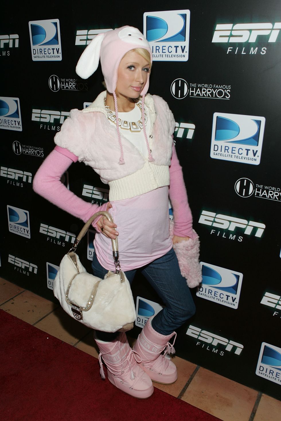 Paris Hilton wearing pink Moon Boots