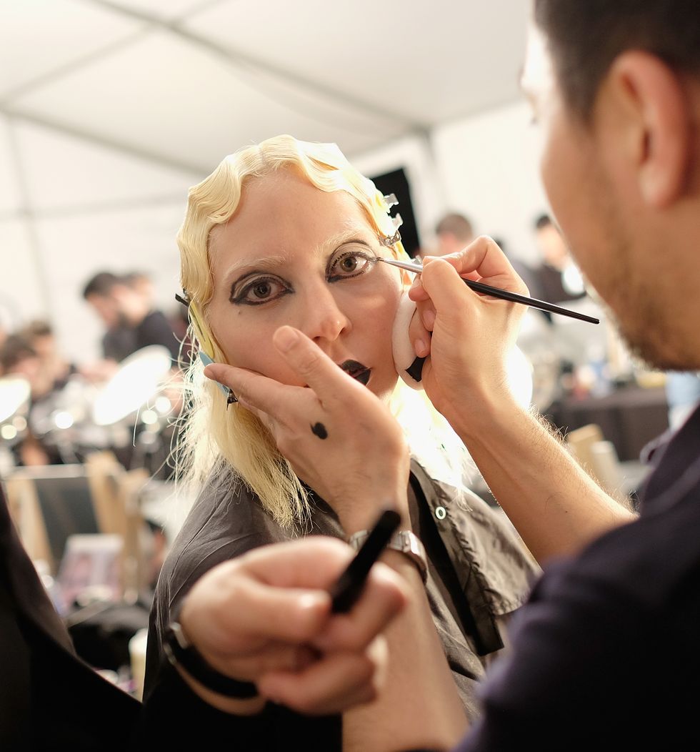 Lady Gaga prepares backstage at Marc Jacobs Fall 2016 fashion show during new York Fashion Week