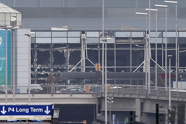 The damaged facade of Brussels airport after twin blasts rocked the main terminal