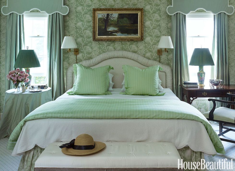 Green, Room, Interior design, Bed, Hat, Property, Bedding, Textile, Bedroom, Furniture, 