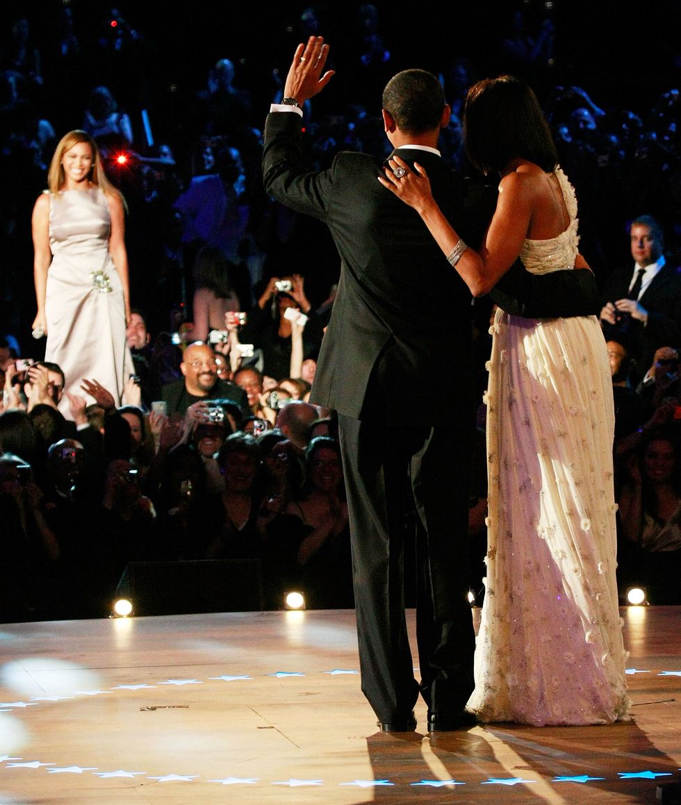 <p>The President and First Lady wave to Beyoncé, who sings "At Last" for their first dance at the 2009 Inaugural Ball.</p>
