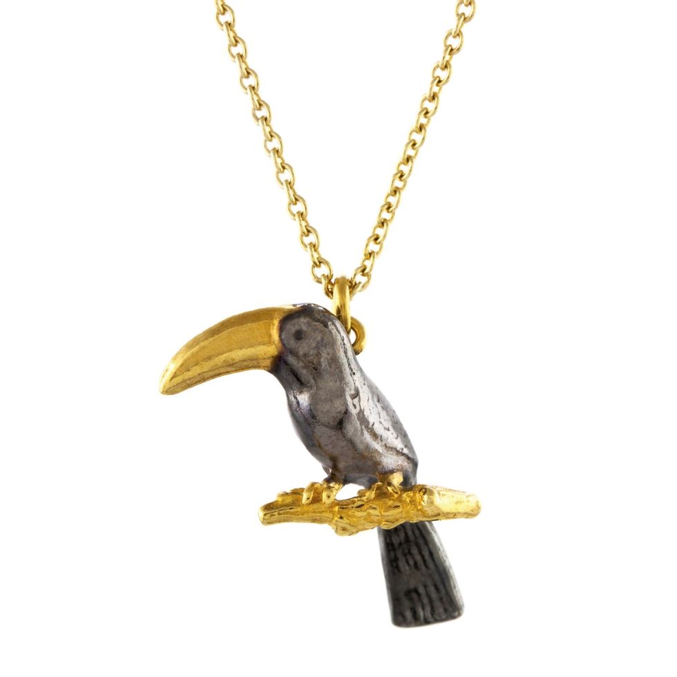Yellow, Bird, Chain, Wing, Beak, Metal, Necklace, Feather, Pendant, Natural material, 