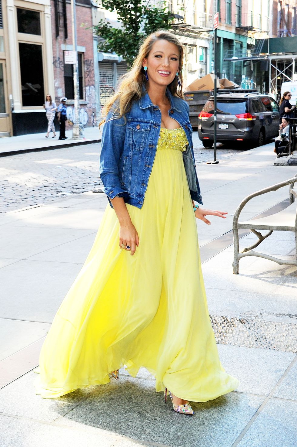 Blake Lively out and about wearing a prom dress and denim jacket