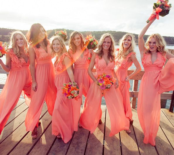 Coral jumpsuits for alternative bridesmaids