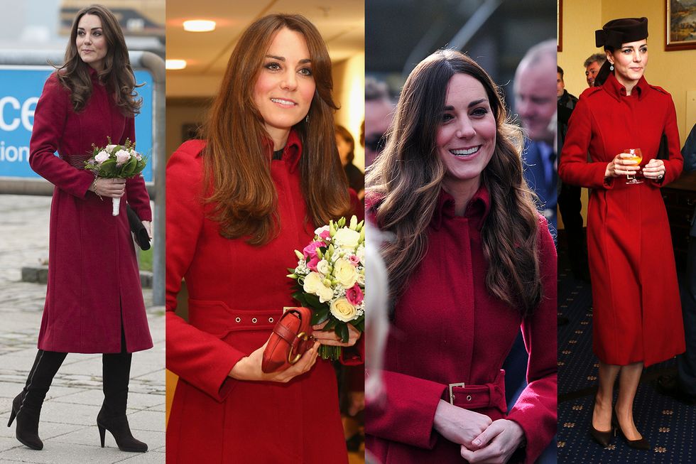 Kate Middleton wearing a dark red LK Bennett coat