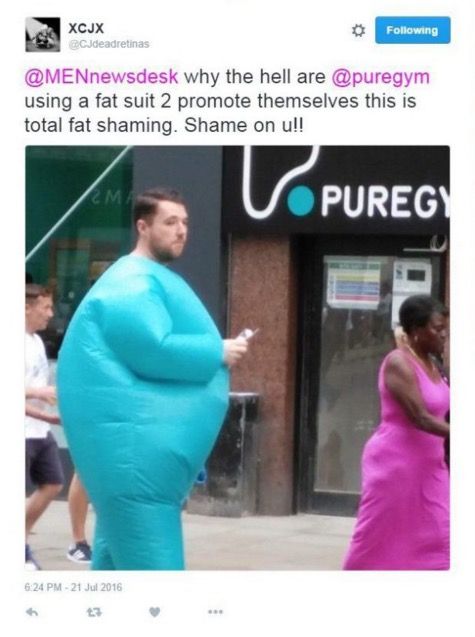 Gym uses people in fat suits to entice others to sign up. Doesn't go well.