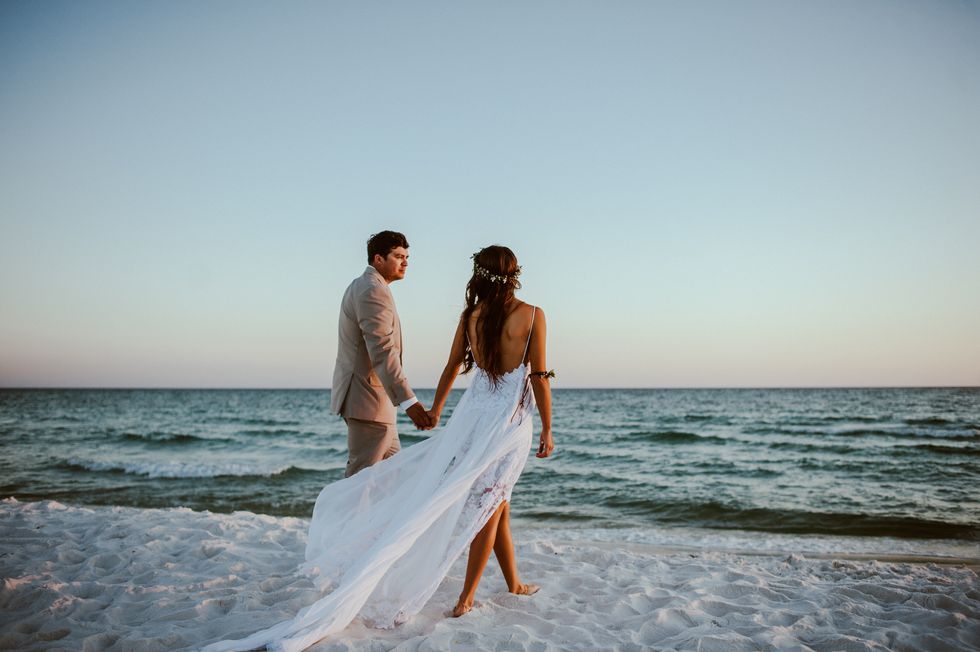 People on beach, Fun, Dress, Photograph, Happy, Ocean, Leisure, People in nature, Bridal clothing, Summer, 