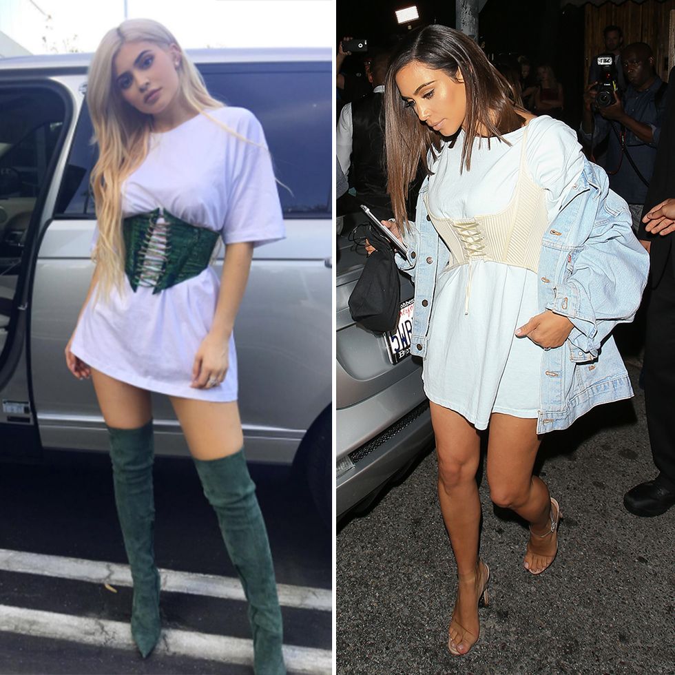 Kylie Jenner and Kim Kardashian wearing matching corsets