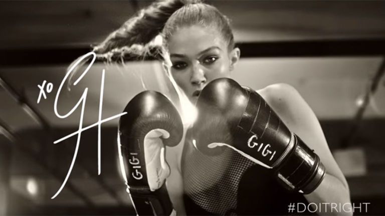 Gigi Hadid in a Stuart Weitzman boxing ad