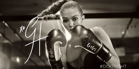 Gigi Hadid in a Stuart Weitzman boxing ad