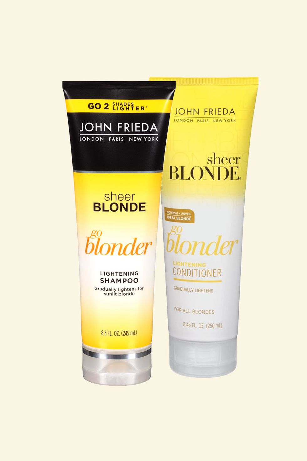 <p>Hadid swears by this highlight-enhancing duo, which contains a natural lightening complex that *gently* reduces color pigments. Also, it makes your hair feel really soft.</p>

<p></p>

<p>John Frieda Sheer Blonde Go Blonder Lightening Shampoo, $9.99; <a href="http://bit.ly/2eTtv22" target="_blank" data-tracking-id="recirc-text-link">ulta.com</a>.</p>

<p><span data-redactor-tag="span"></span>John Frieda Sheer Blonde Go Blonder Lightening Conditioner, $9.99; <a href="http://bit.ly/2eTr2EN" target="_blank" data-tracking-id="recirc-text-link">ulta.com</a>.</p>