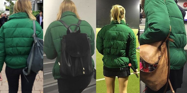 Hair, Green, Human body, Jacket, Outerwear, Mammal, Bag, Luggage and bags, Fashion, Back, 