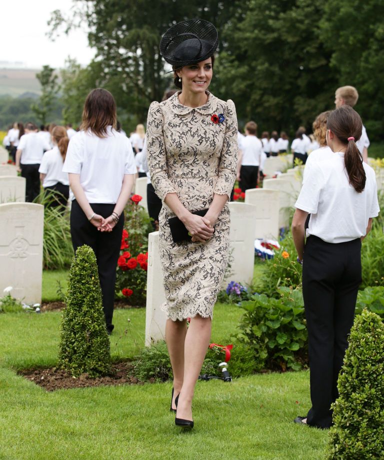 Duchess of Cambridge wearing a cream and black lace dress