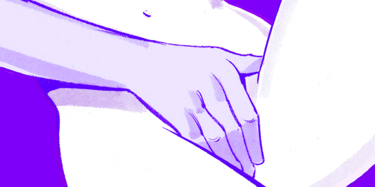 Finger, Wrist, Joint, Purple, Violet, Magenta, Artwork, Electric blue, Gesture, Thumb, 