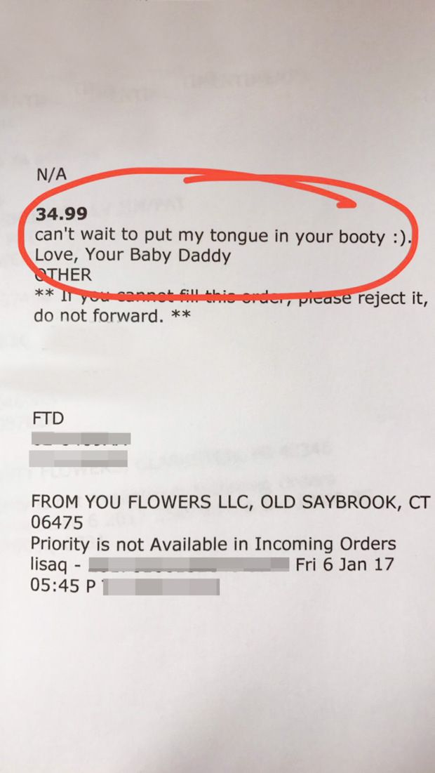 Florist shares man's inappropriately sexy message on his girlfriend's bouquet of flowers