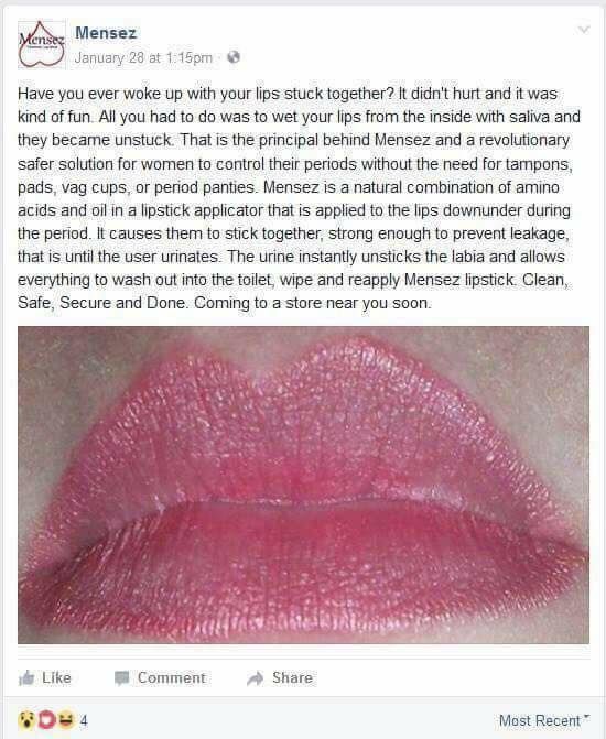 A man has created a lipstick to glue vagina lips together so period blood can't escape anymore