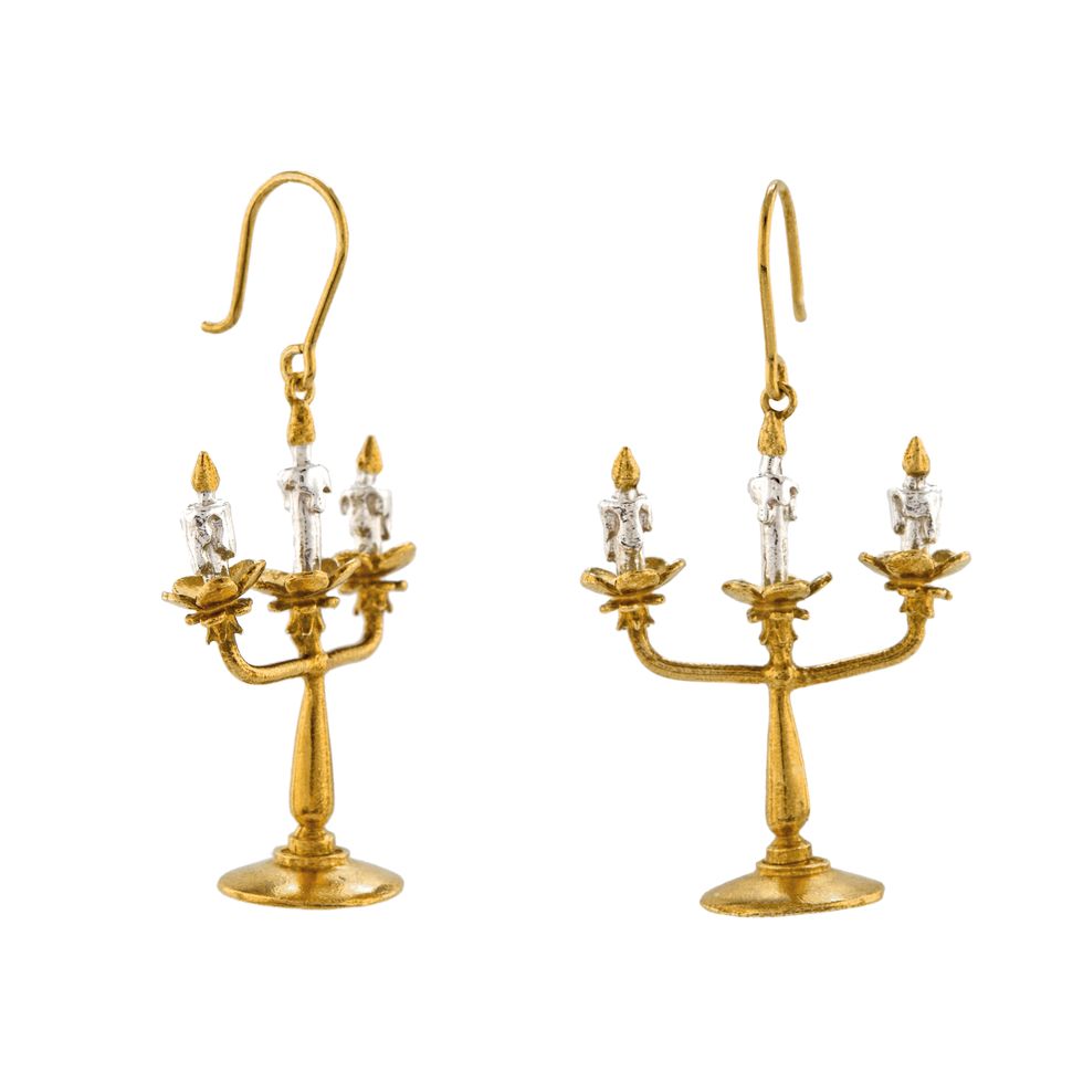 Candle holder, Brass, Earrings, Metal, Menorah, Jewellery, Fashion accessory, Bronze, Interior design, 