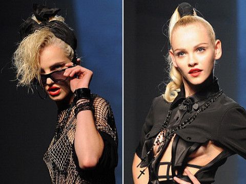 <p>Clearly Jean Paul Gaultier got the memo for the hot scrunchy trend from London Fashion Week. From Madonna to Grace Jones, the beauty looks on this runway were inspired by 80s pop stars with bright red lips, dark eyebrows and cat eyes.</p>
<p>Hair stylist Guido Palau worked on a wide variety of styles, but told us that Redken Forceful 23 Super Strength Finishing Spray was the one product he never stopped using to really capture this retro moment.</p>
<p>Hey baby, you look like you could use a stiff one...</p>