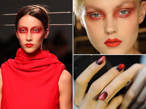 <p>Leave it to MAC makeup expert Alex Box to properly sweep on a red metallic eyeshadow on the models at the Gareth Pugh show. With absolutely no eyeliner or mascara, this was matched with the classic MAC Pro Red Lipmix to make a totally unique twist on the gothic vampy beauty trend.</p>
<p>Nail expert Marian Newman swirled MAC nail lacquer in Rougemarie and Shirelle together for an all-around 3D effect that looked like the nails were literally bleeding, in the most fashion-forward and elegant way possible.</p>
<p>The show also involved white and black mesh masks tied behind Asian-inspired buns knotted with chopsticks. Now that's real drama for Paris Fashion Week beauty!</p>