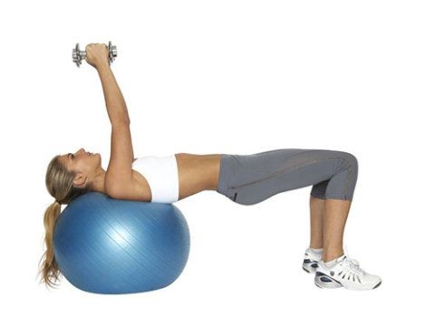<p><strong>Great for: Lengthening and strengthening your chest muscles while also working your bum and core.</strong></p>
<p>Sit on a Swiss ball holding a pair of 3-6kg dumbbells. Roll down into a bridge position where your shoulders and head are supported by the ball, your hips are pushed up and your arms are straight above you.</p>
<p>Keeping your abs engaged slowly lower the dumbbells to your side with a slight bend in your elbows.</p>
<p>Breathing out, press the dumbbells back up above you. This is one rep, do 12-15. Make sure your elbows are lowering towards the floor first and that your wrists are straight.</p>
<p><a href="http://www.cosmopolitan.co.uk/diet-fitness/fitness/the-fat-burning-workout" target="_blank">SUPERCHARGE YOUR WORKOUT</a></p>
<p><a href="http://www.cosmopolitan.co.uk/diet-fitness/fitness/exercise-your-whole-body-with-Pixie-Lott-workout" target="_blank">TRAIN LIKE PIXIE LOTT</a></p>
<p><a href="http://www.cosmopolitan.co.uk/diet-fitness/fitness/flatten-your-stomach-with-pilates" target="_blank">GET A FLAT TUM WITH PILATES</a></p>