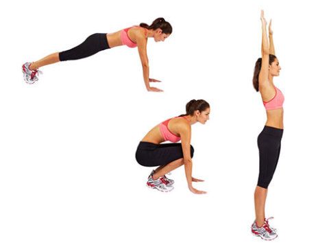 <p>From a standing position, crouch down and place your hands flat on the floor.</p>
<p>Jump your feet back into a press-up position.</p>
<p>Jump your feet forwards to return to the crouching position, stand, raise your hands and jump up as high as you can.</p>
<p><a href="http://www.cosmopolitan.co.uk/diet-fitness/fitness/flatten-your-stomach-with-pilates" target="_blank">FLATTEN YOUR TUMMY WITH PILATES</a></p>
<p><a href="http://www.cosmopolitan.co.uk/diet-fitness/fitness/at-home-workout-that-girl-charli-cohen-christina-howells" target="_blank">THE BUSY GIRL'S WORKOUT</a></p>
<p><a href="http://www.cosmopolitan.co.uk/diet-fitness/fitness/how-to-get-the-most-effective-workout" target="_blank">MAKE YOUR WORKOUT MORE EFFECTIVE</a></p>